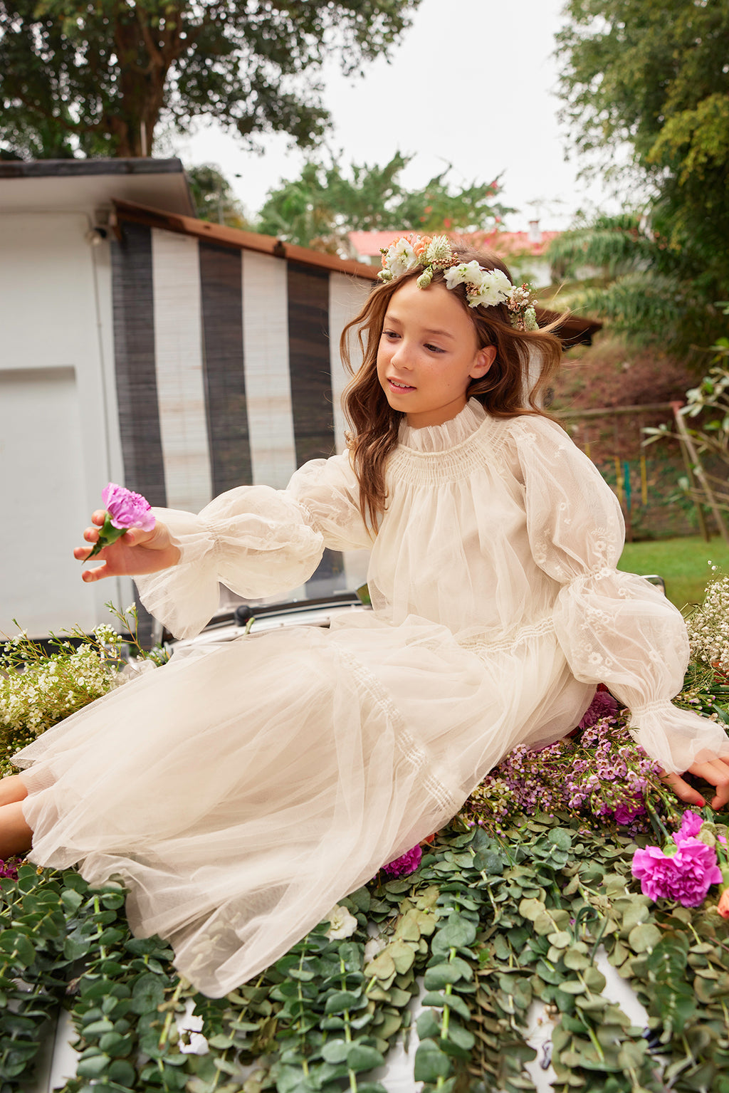 Esther Dress | Flower girl dress with embroidered puffed sleeves