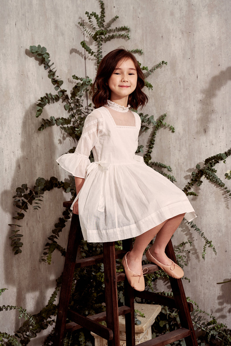 White cotton Victorian flower girl dress with lace