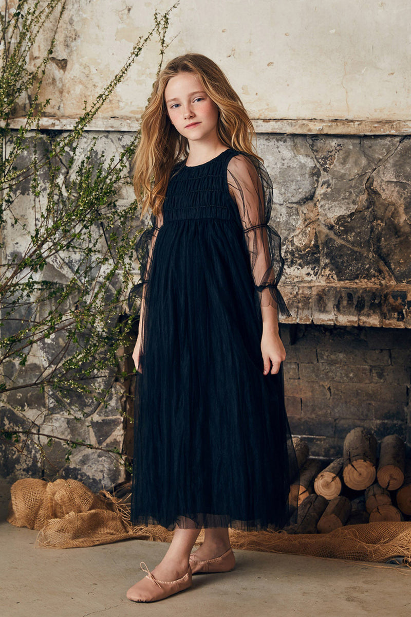 Maxi black tulle flower girl dress with smocking