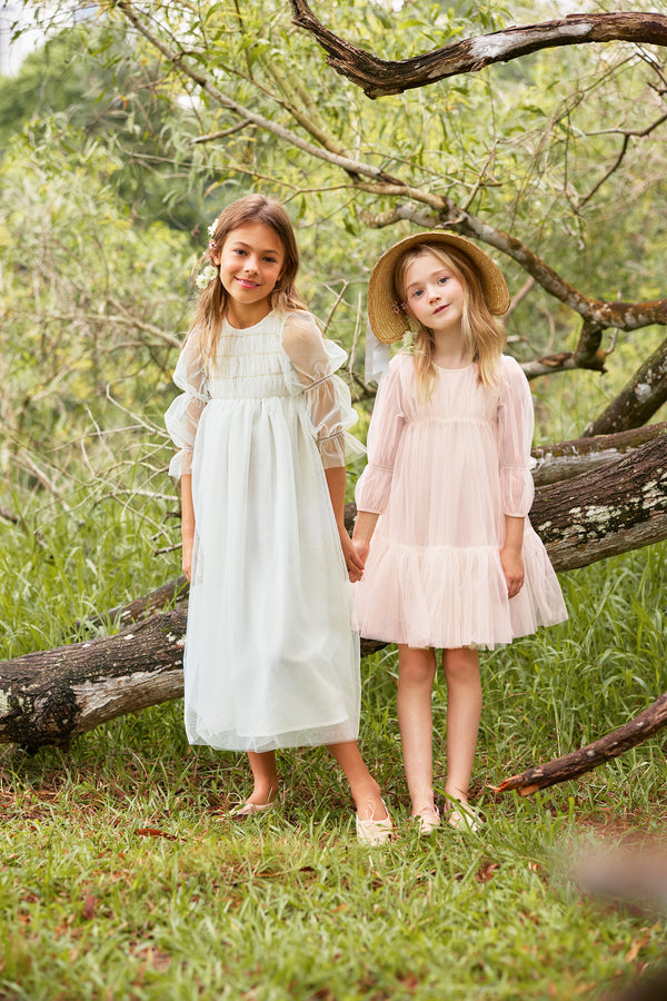 Maxi white tulle flower girl dress with smocking