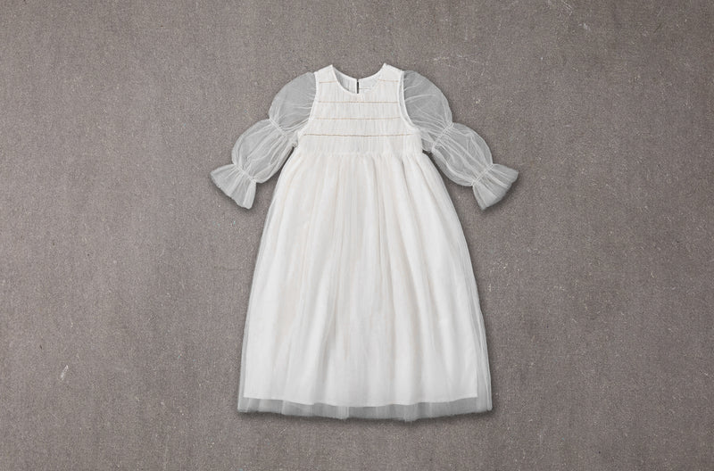Maxi white tulle flower girl dress with smocking