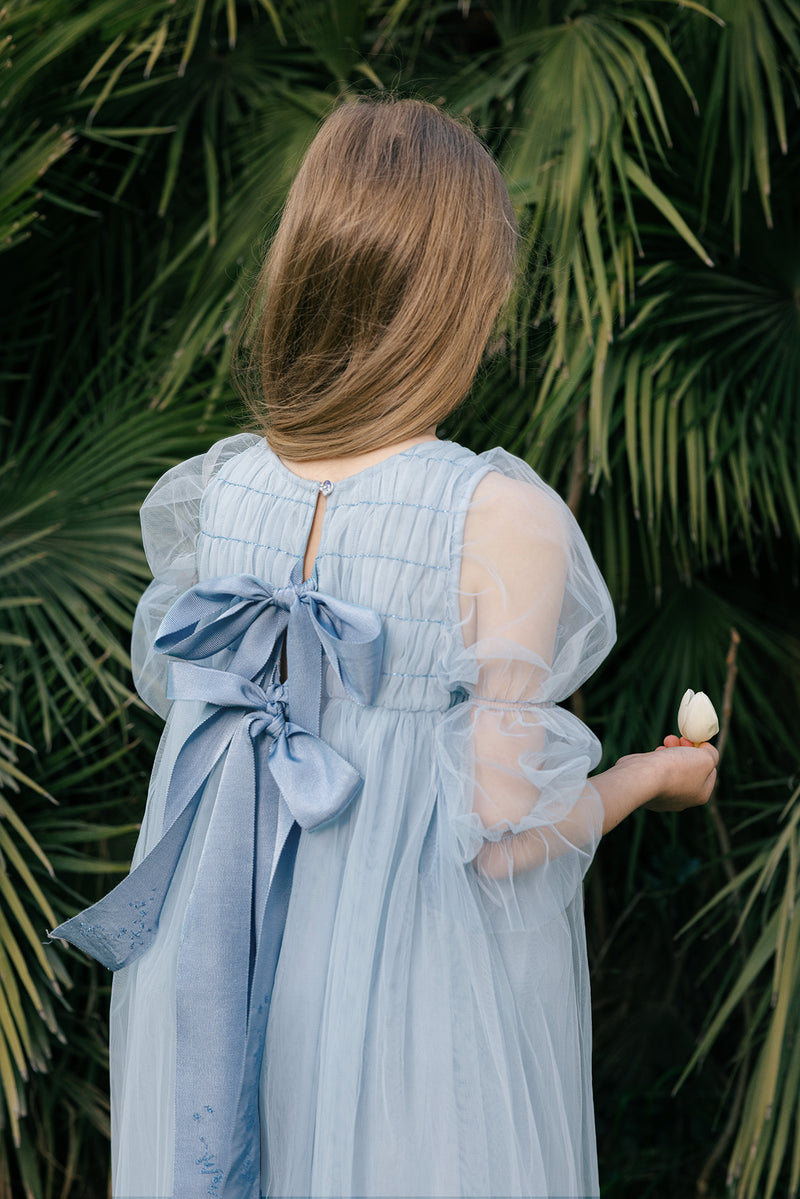 ash blue dress Ash Blue Floral Embroidery Structured Pleated Silk Gown