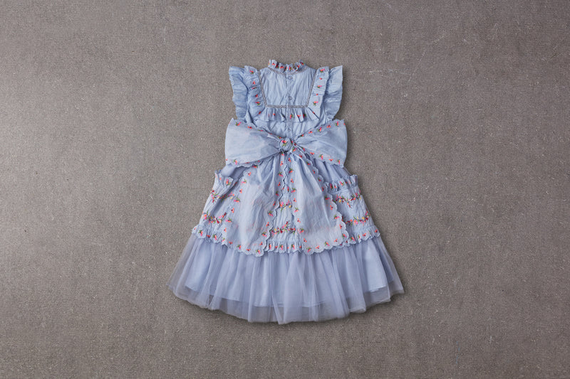 Blue Victorian tulle birthday dress with embroidery