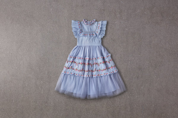 Blue Victorian tulle birthday dress with embroidery