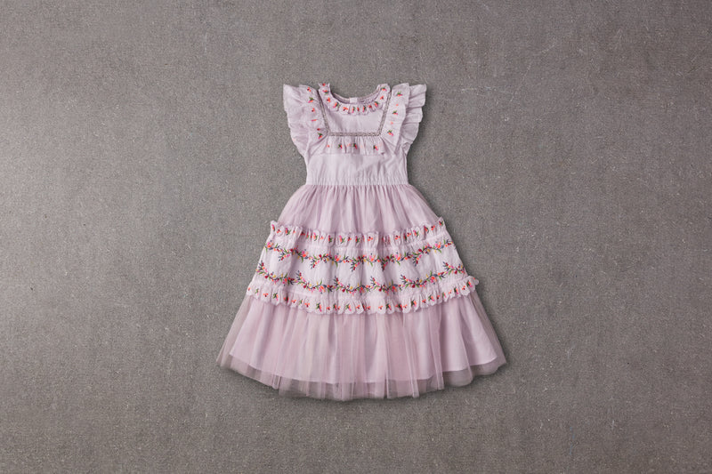 Purple Victorian tulle flower girl dress with embroidery