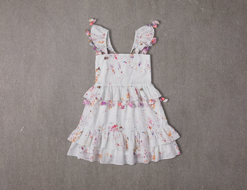 Knee length white floral cotton birthday dress with pompoms