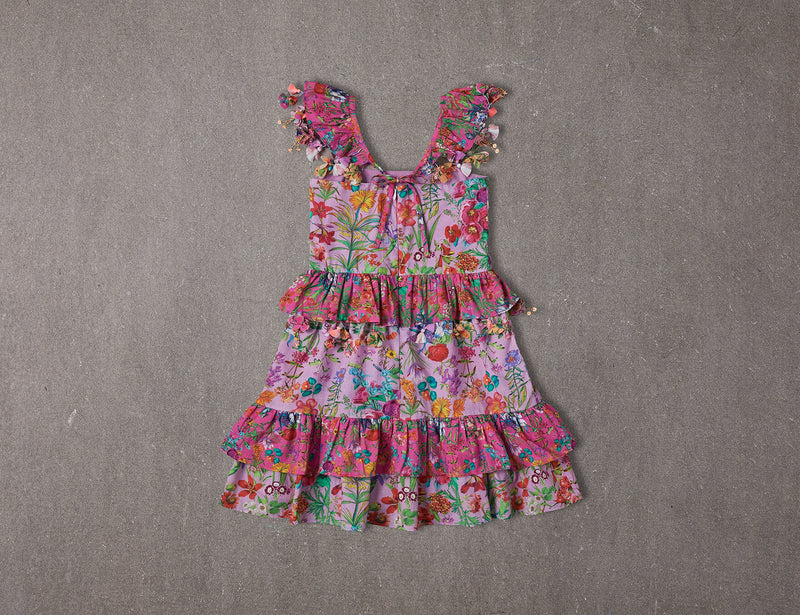 Knee length purple floral cotton birthday dress with pompoms