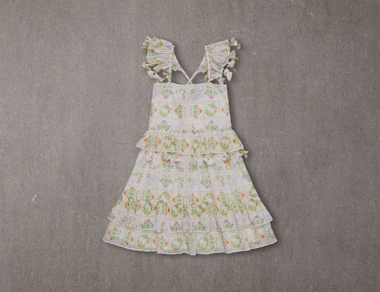 Leighton Dress | Knee length cream floral cotton birthday Dress with pompoms 3 Leighton Dress | Knee length cream floral cotton birthday Dress with pompoms 3