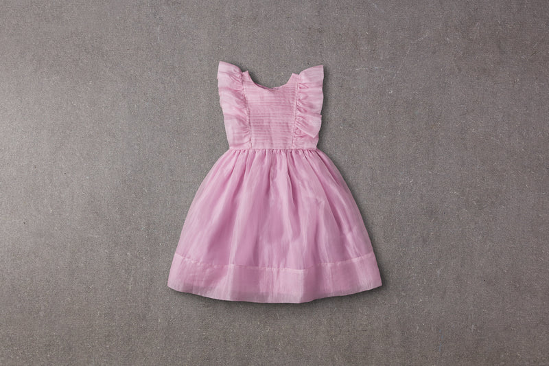Pink silk organza birthday dress with pleats