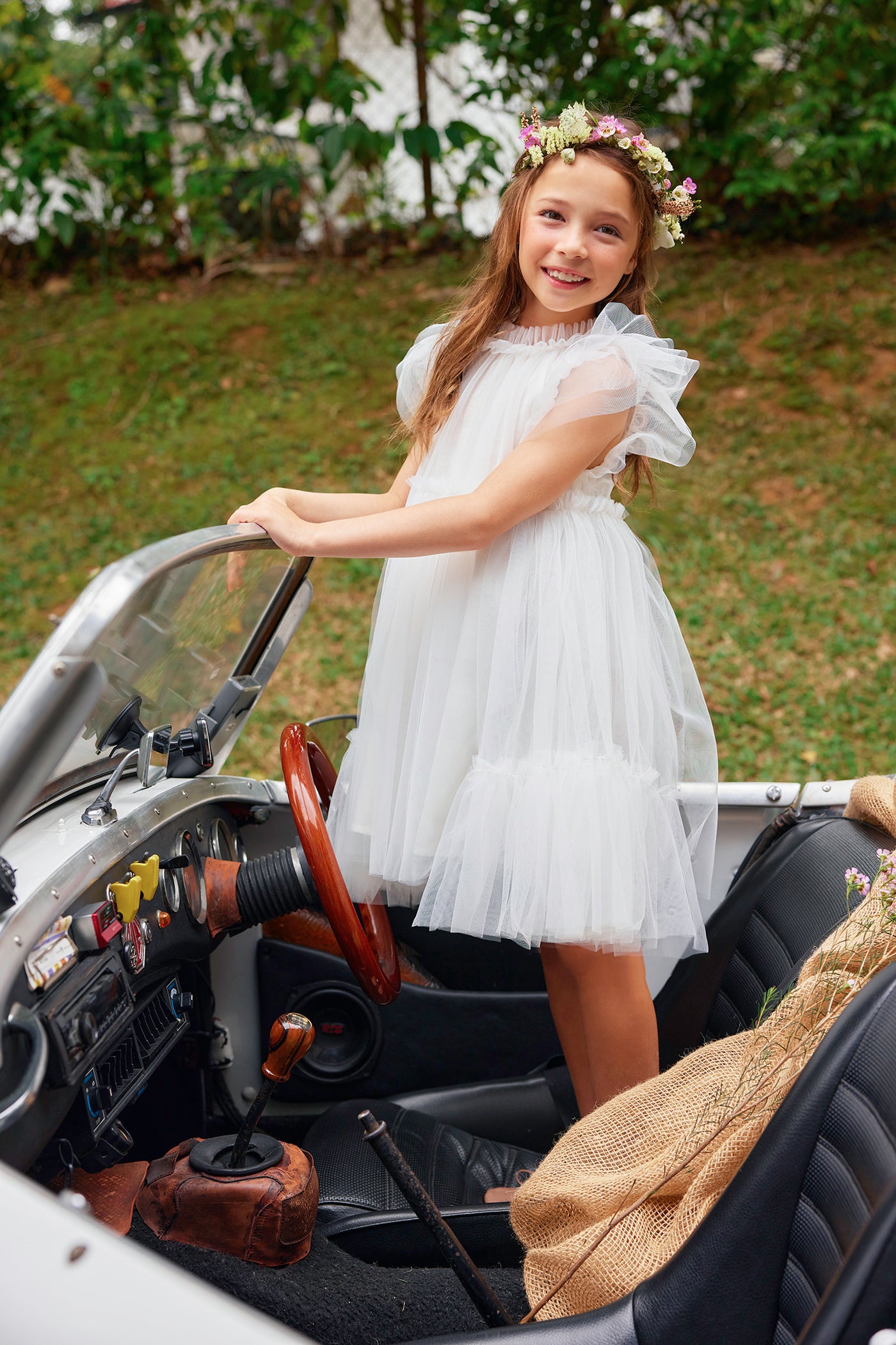 Antoinette Dress | White tulle flower girl dress with a ruffle