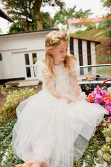 Maxi white tulle flower girl dress with puff sleeves