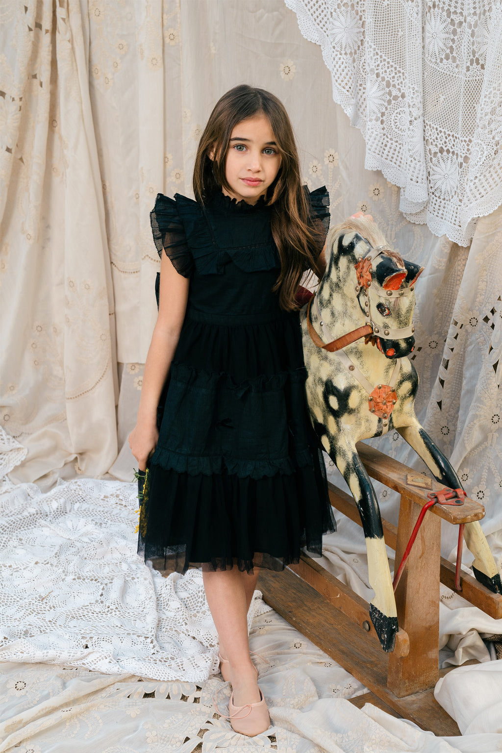 Julianna Dress | Black Victorian tulle flower girl dress with