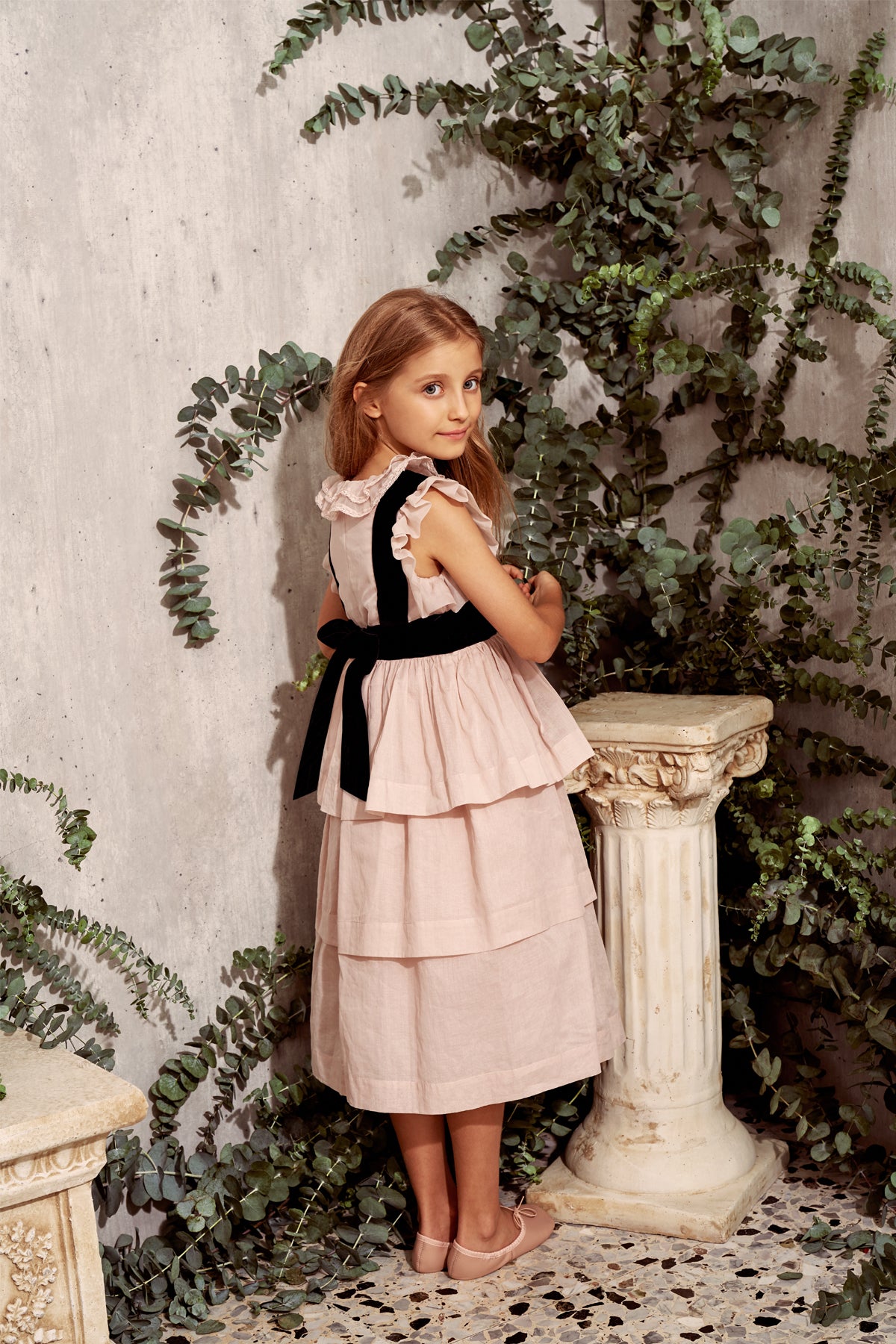 Delilah Dress | Tiered pink cotton Christmas dress with velvet 