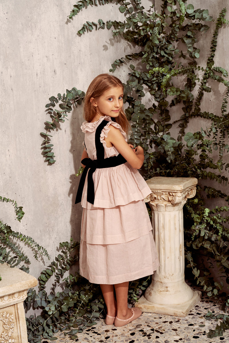 Tiered pink cotton Christmas dress with velvet ribbon