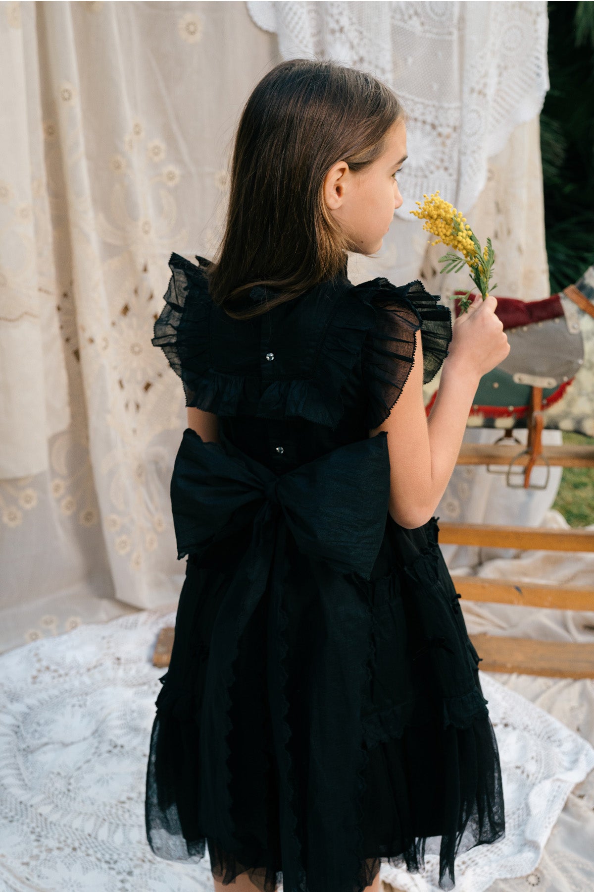 Julianna Dress | Black Victorian tulle flower girl dress with