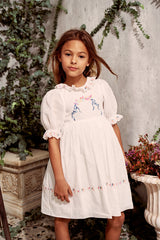 White cotton flower girl dress with flower embroidery