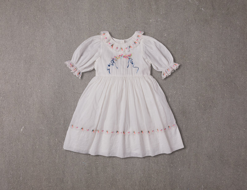 White cotton flower girl dress with flower embroidery