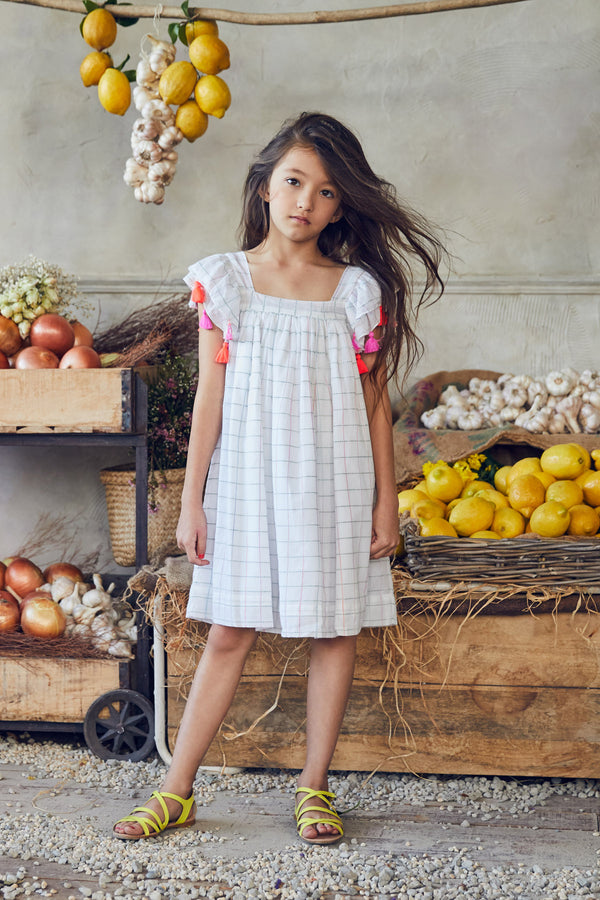 White checkered cotton summer dress with pompoms