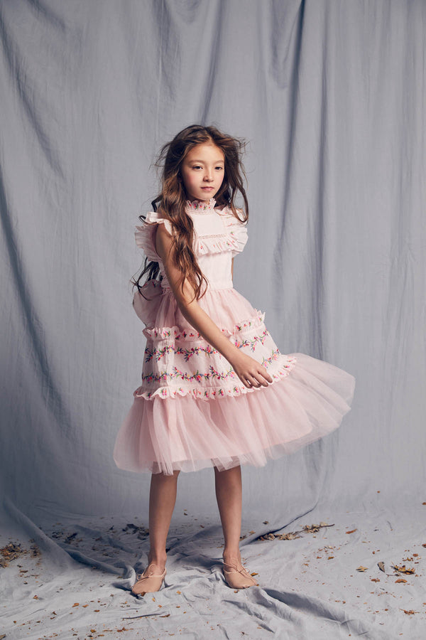 Peach Victorian tulle flower girl dress with embroidery