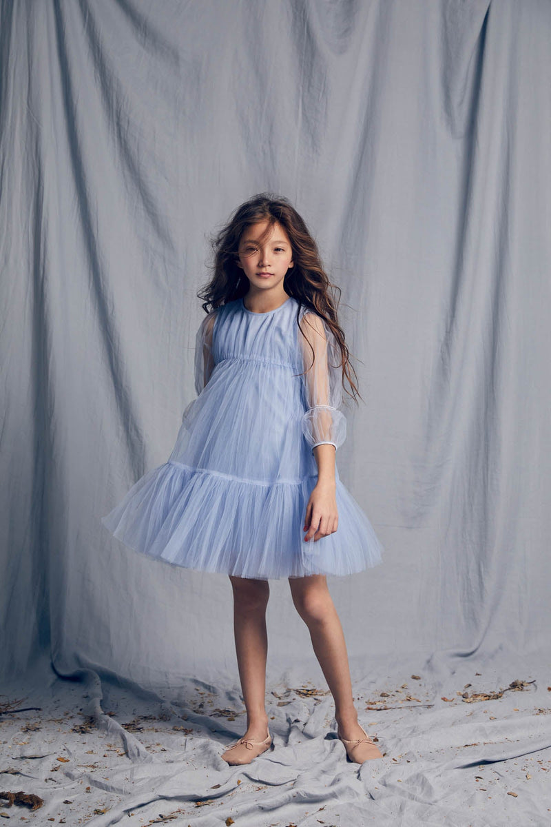 Blue tulle birthday girl dress with ruffles