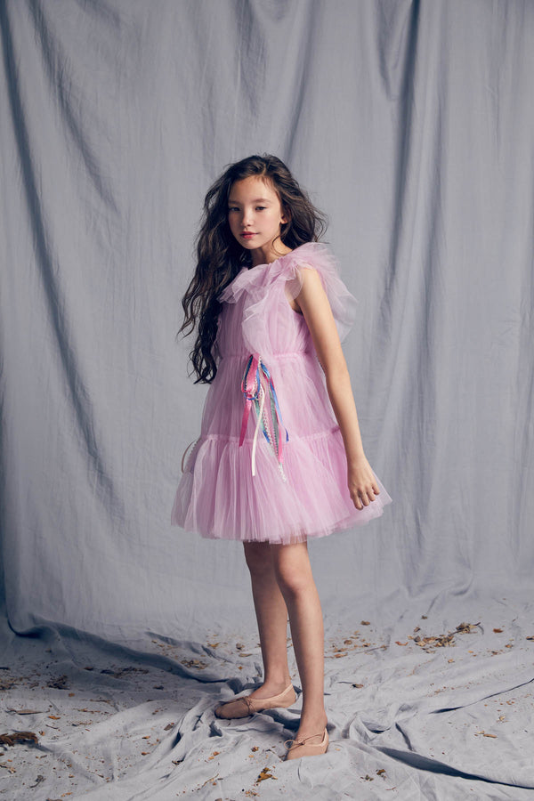 Pink tulle birthday dress with colorful ribbons
