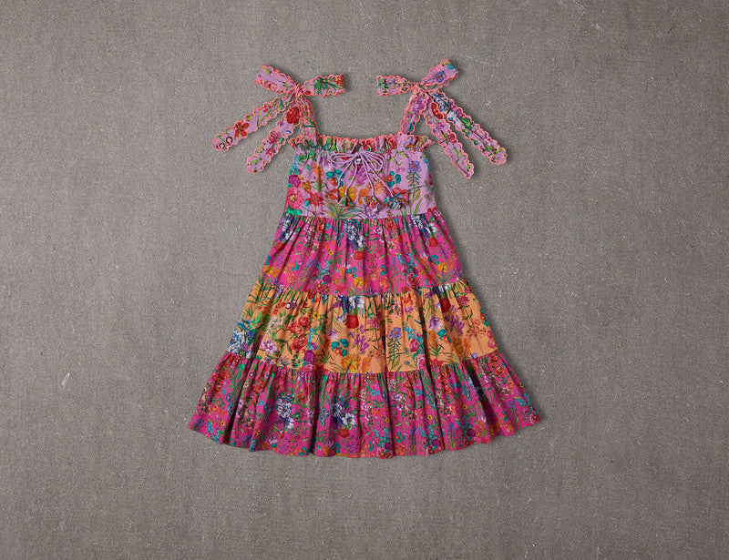 Mixed floral cotton midi birthday dress with straps