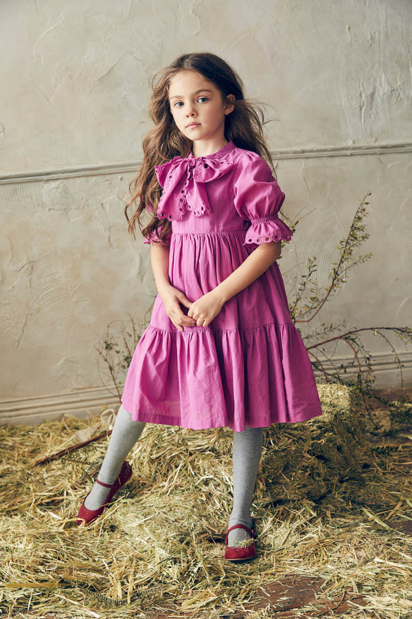 Purple cotton flower girl dress with a bow tie