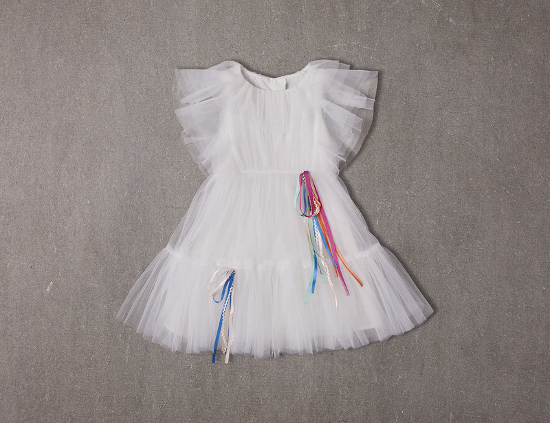 White tulle flower girl dress with colorful ribbons