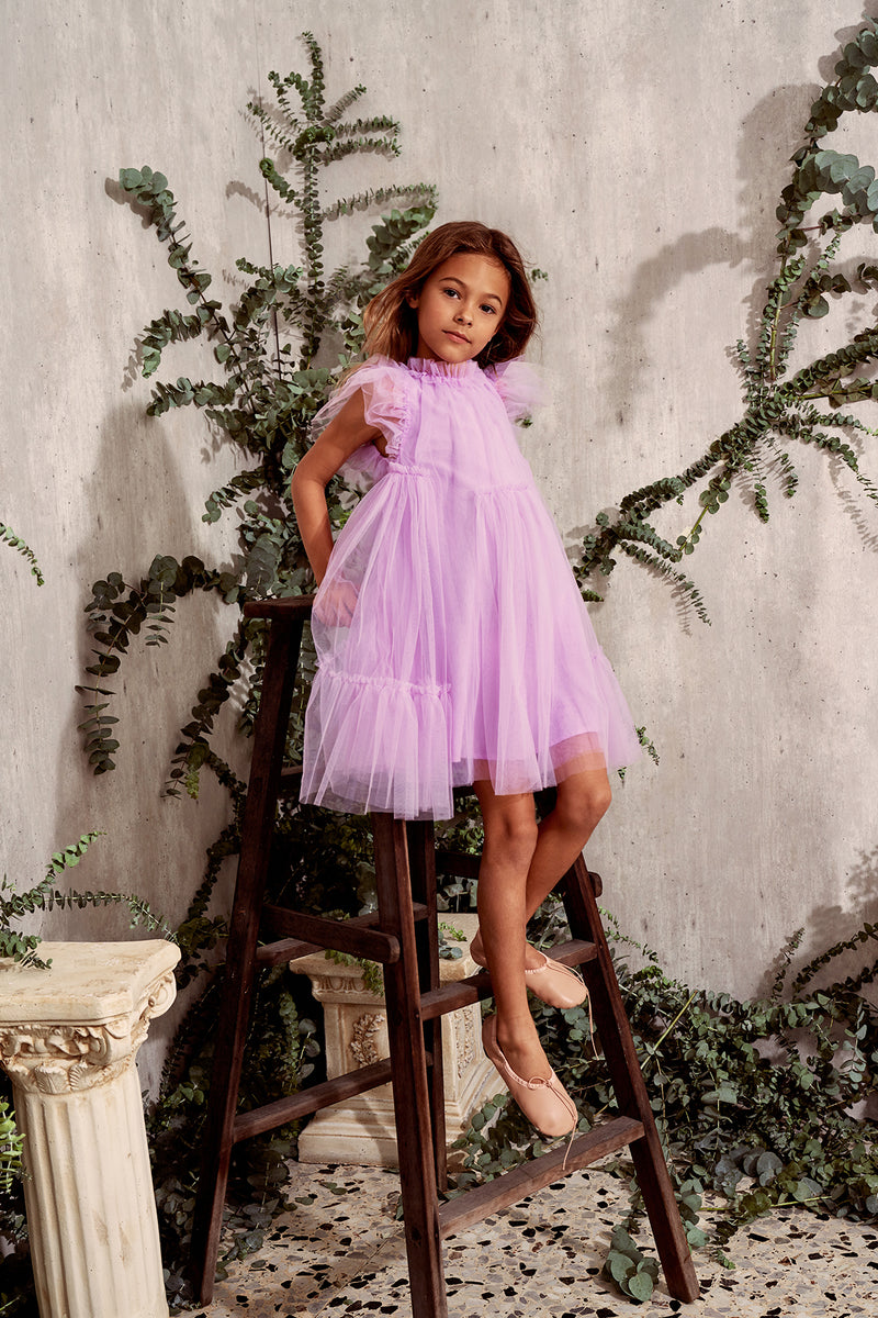 Purple tulle birthday dress with a ruffle collar