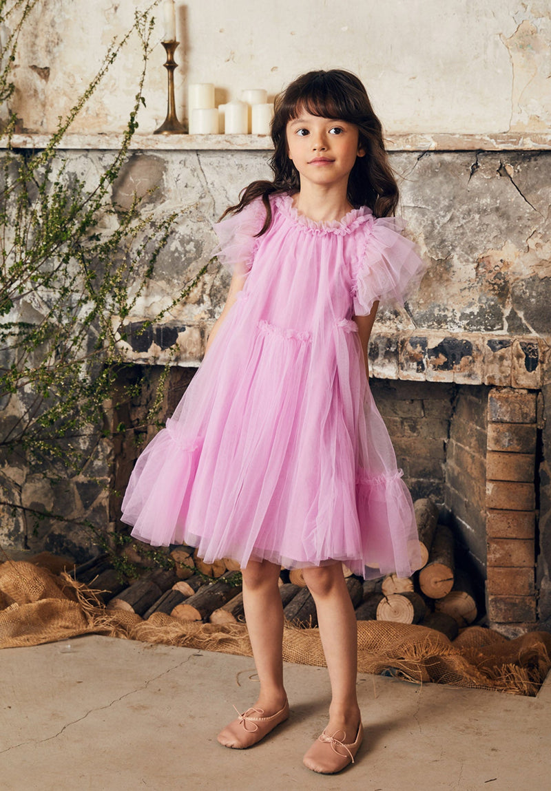 Pink tulle birthday dress with a ruffle collar
