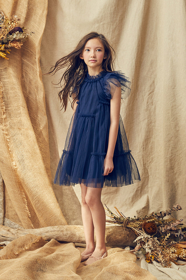 Navy tulle birthday dress with a ruffle collar