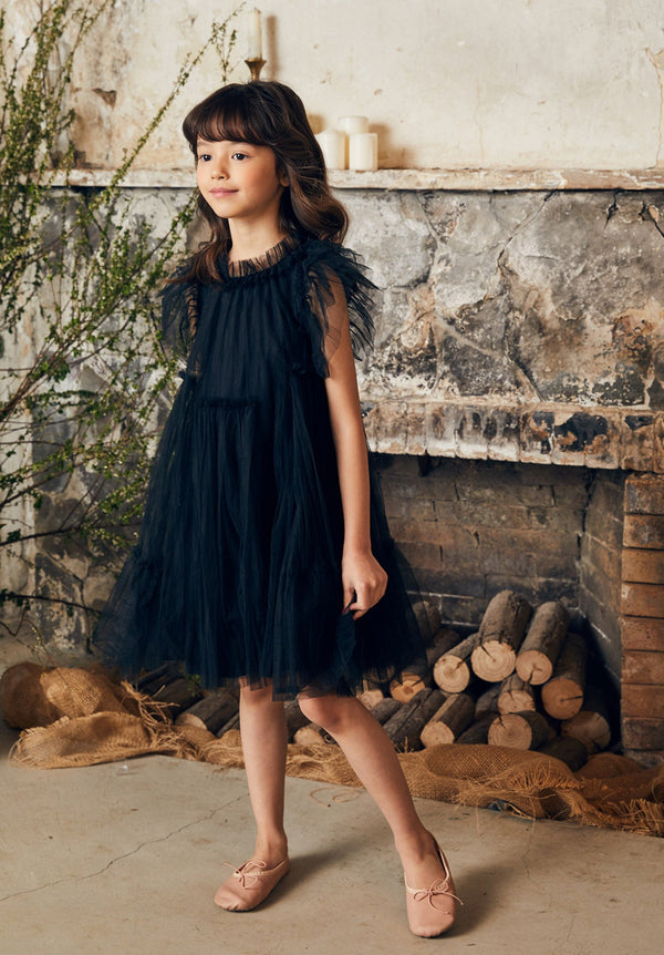 Black tulle flower girl dress with a ruffle collar