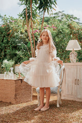 Pink tulle flower girl dress with ribbons
