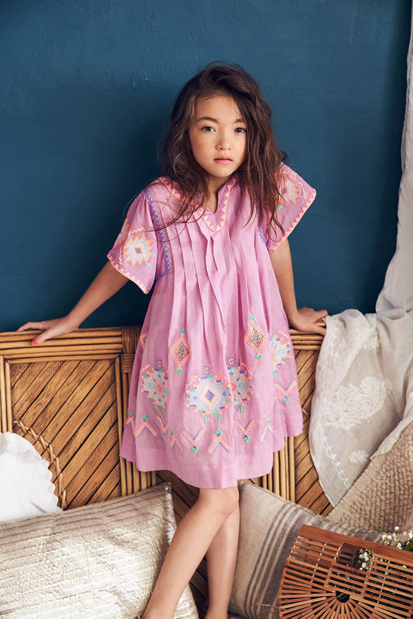 Knee-length purple cotton birthday dress with embroidery