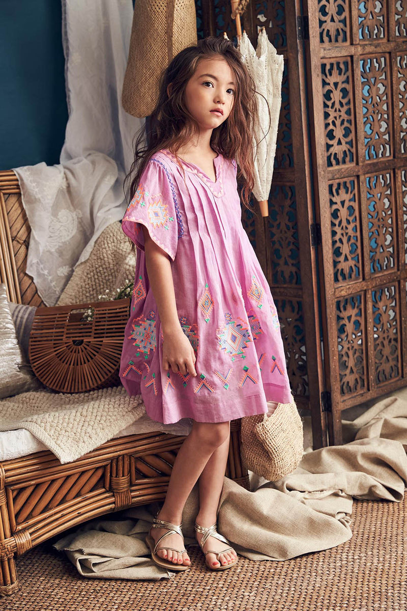 Knee-length purple cotton birthday dress with embroidery