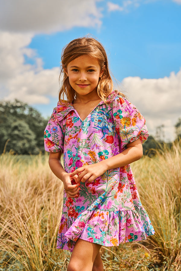 Purple floral cotton birthday dress with smocked collar
