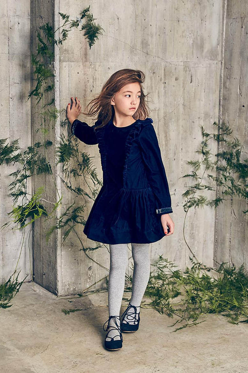 Navy Collared Velour Dress and Tights Outfit, Baby