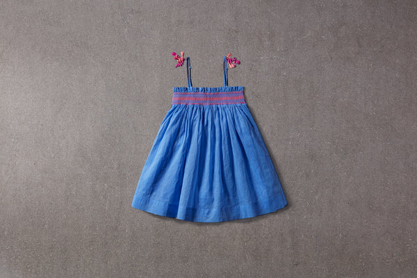 Blue cotton summer dress with with smocking