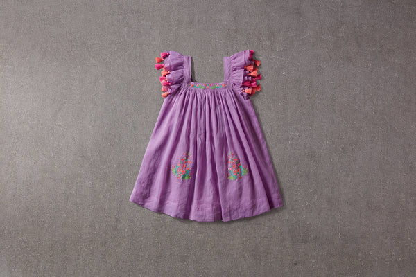 Above knee purple cotton summer dress with embroidery and tassels 