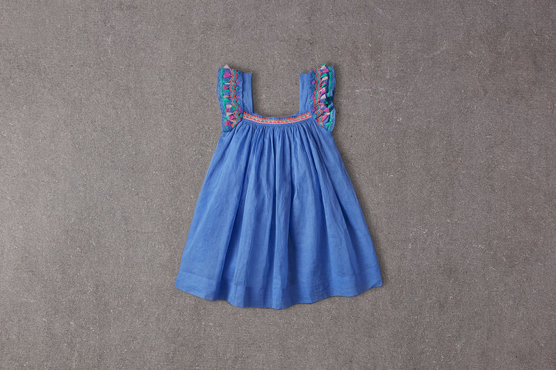 Blue cotton summer dress with embroidery and tassels