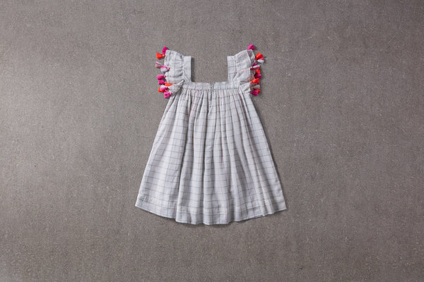 White checkered cotton summer dress with pompoms