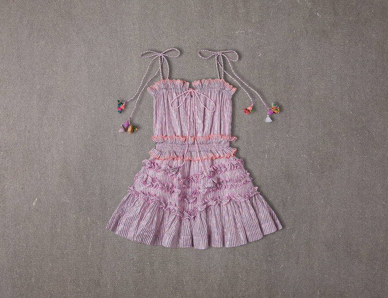 Pink rainbow metallic cotton birthday dress with ruffled skirt