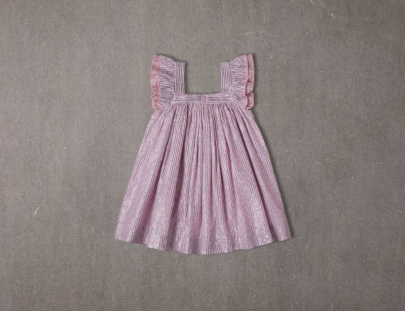 Above knee pink cotton birthday dress with ruffle sleeves and metallic stripes
