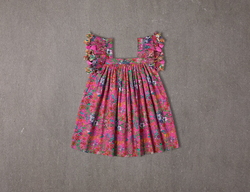 Pink floral cotton birthday dress with tassels
