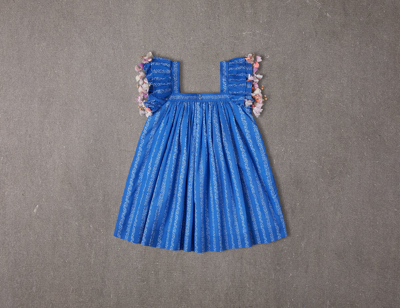 Blue floral cotton birthday dress with tassels