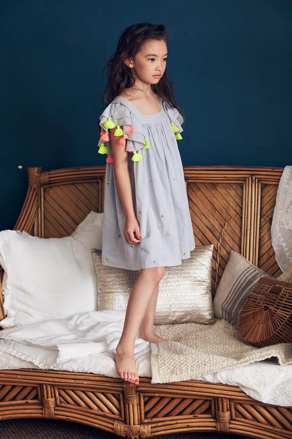 Embroidered blue cotton summer dress with pompoms