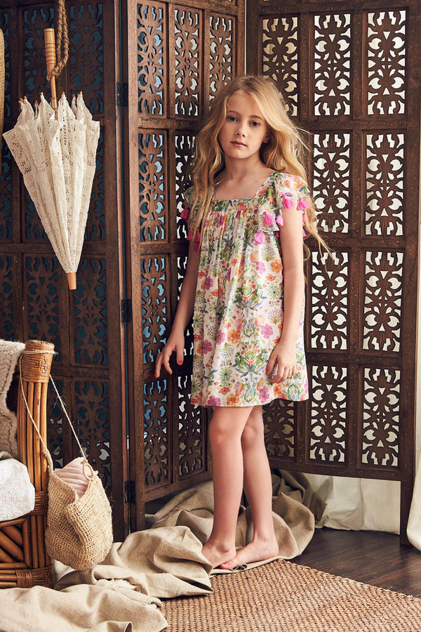 Floral cotton birthday dress with tassels