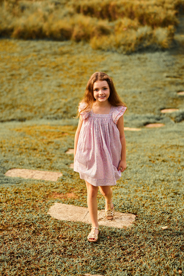 Cotton Summer Cute Summer Dresses For Kids Chloe Dress Above Knee Pink Cotton Birthday Dress With Ruffle Sleeves And Metallic Stripes NELLYSTELLA Cotton Summer Cute Summer Dresses For Kids Chloe Dress Above Knee Pink Cotton Birthday Dress With Ruffle Sleeves And Metallic Stripes NELLYSTELLA