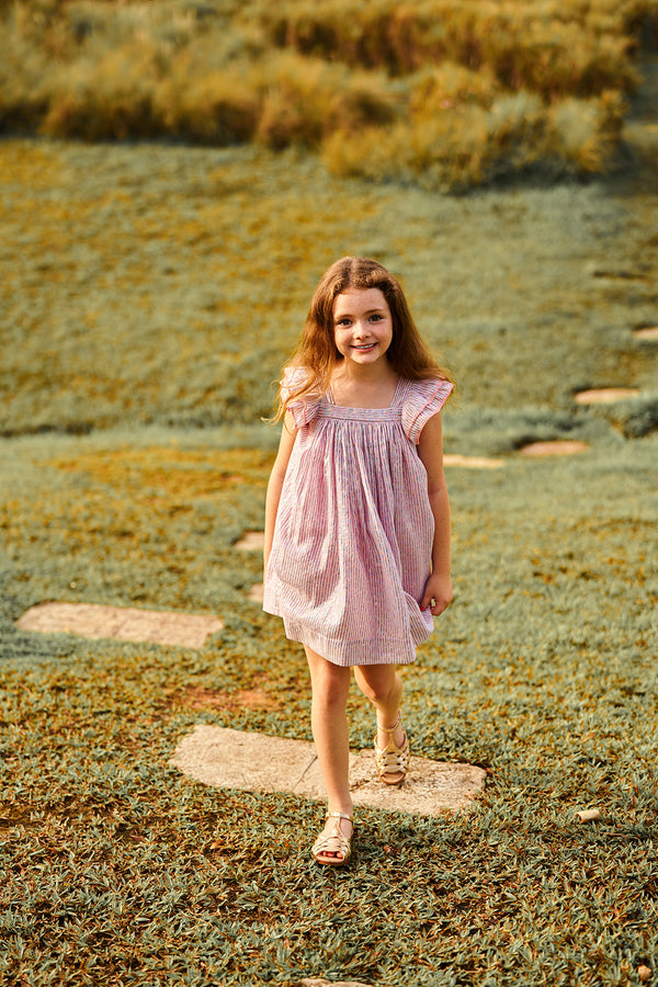 Above knee pink cotton birthday dress with ruffle sleeves and metallic stripes