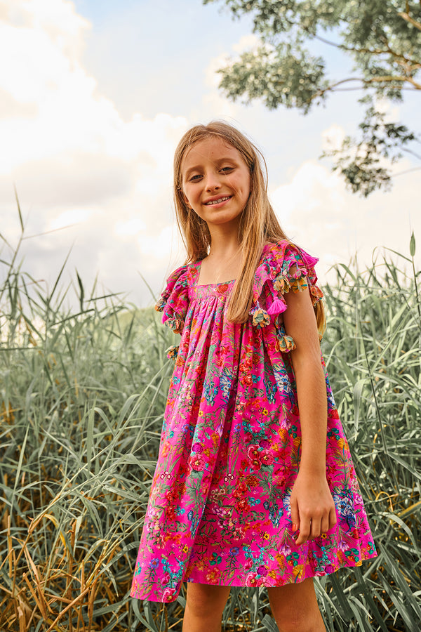 Chloe dress | Pink floral cotton birthday dress with tassels 1 Chloe dress | Pink floral cotton birthday dress with tassels 1